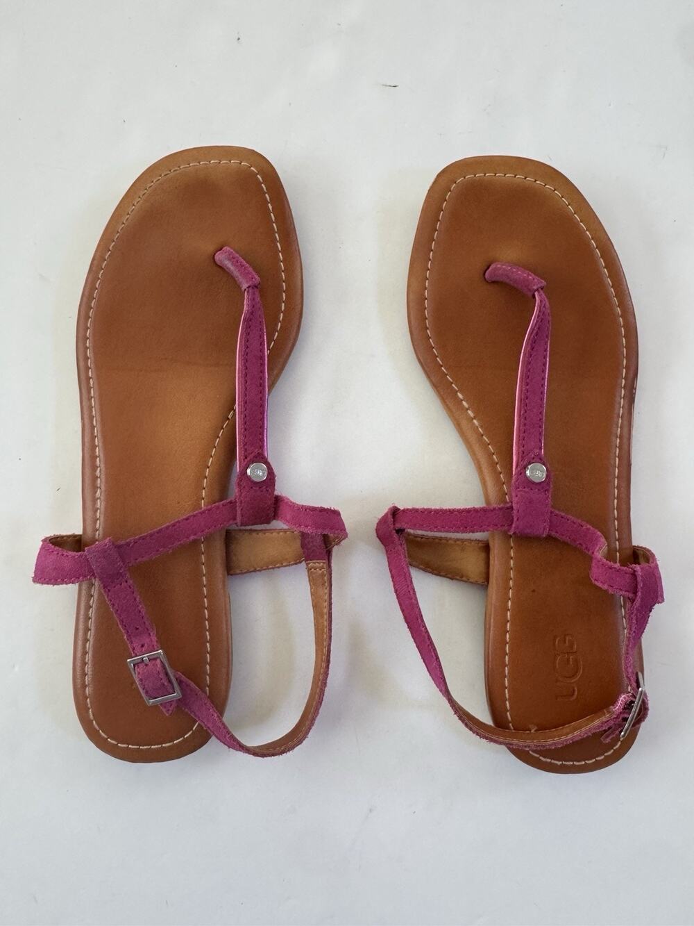UGG Size 9 Madeena Leather Thong Sandals Tan / Fuschia T-Strap Flat #1119759